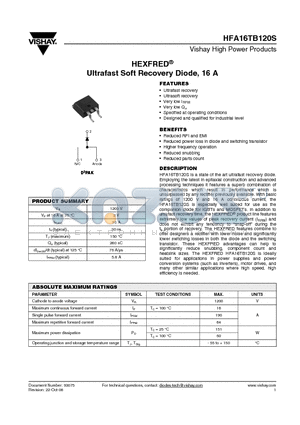 HFA16TB120S datasheet - Ultrafast Soft Recovery Diode, 16 A