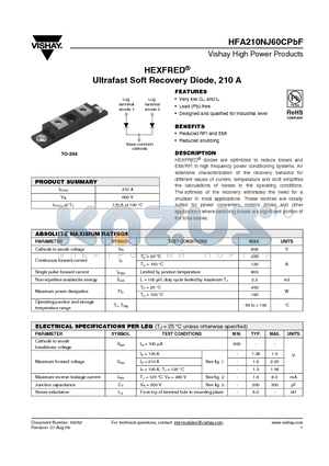 HFA210NJ60CPBF datasheet - HEXFRED^ Ultrafast Soft Recovery Diode, 210 A