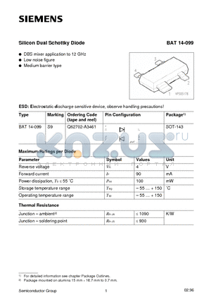 Q62702-A3461 datasheet - Silicon Dual Schottky Diode (DBS mixer application to 12 GHz Low noise figure Medium barrier type)