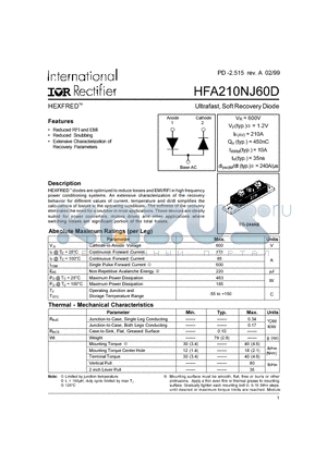 HFA210NJ60D datasheet - Ultrafast, Soft Recovery Diode