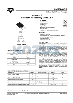 HFA25PB60PBF datasheet - Ultrafast Soft Recovery Diode, 25 A