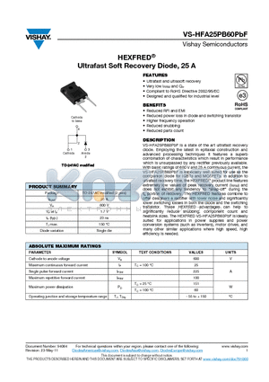 HFA25PB60PBF datasheet - HEXFRED Ultrafast Soft Recovery Diode, 25 A