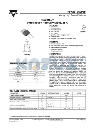 HFA25TB60PBF datasheet - Ultrafast Soft Recovery Diode, 25 A