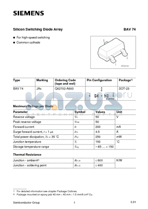 Q62702-A693 datasheet - Silicon Switching Diode Array (For high-speed switching Common cathode)