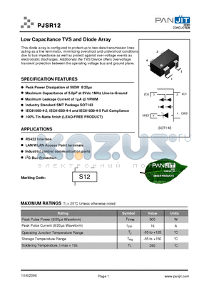 PJSR12 datasheet - Low Capacitance TVS and Diode Array