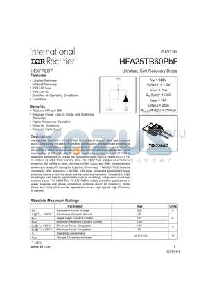 HFA25TB60PBF datasheet - Ultrasfast, Soft Recovery Diode