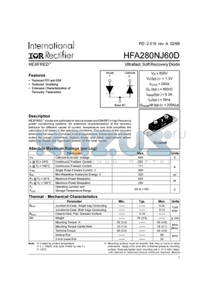 HFA280NJ60D datasheet - Ultrafast, Soft Recovery Diode