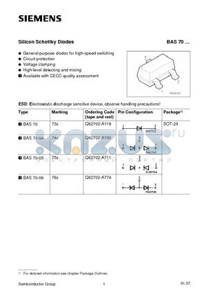 Q62702-A711 datasheet - Silicon Schottky Diodes (General-purpose diodes for high-speed switching Circuit protection Voltage clamping High-level detecting and mixing)