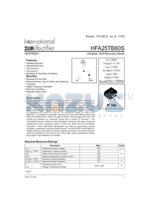 HFA25TB60S datasheet - Ultrafast, Soft Recovery Diode