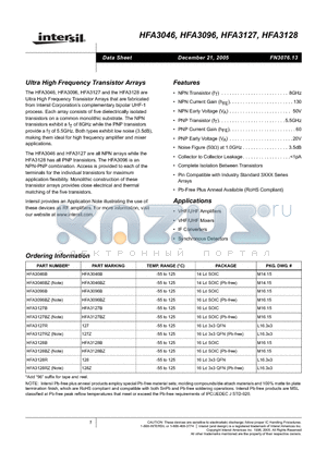 HFA3046 datasheet - Ultra High Frequency Transistor Arrays