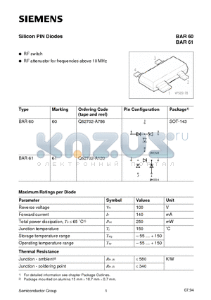 Q62702-A786 datasheet - Silicon PIN Diodes (RF switch RF attenuator for frequencies above 10 MHz)