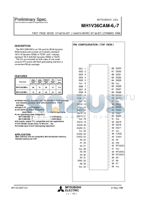 MH1V36CAM-6 datasheet - FAST PAGE MODE 37748736-BIT ( 1048576-WORD BY 36-BIT ) DYNAMIC RAM