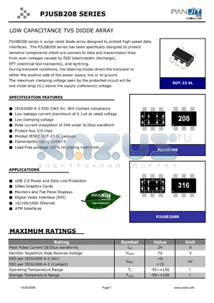 PJUSB208 datasheet - Low Capacitance Diode Array