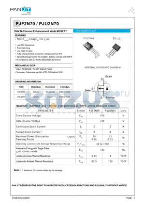 PJU2N70 datasheet - 700V N-Channel Enhancement Mode MOSFET
