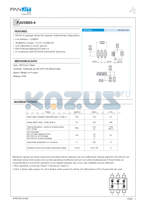 PJUSB05-4 datasheet - SOT23-6L package allows five separate unidirectional configurations