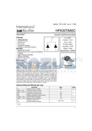 HFA30TA60C datasheet - Ultrafast, Soft Recovery Diode
