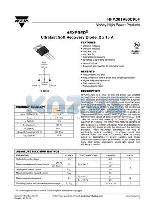 HFA30TA60CPBF datasheet - Ultrafast Soft Recovery Diode, 2 x 15 A