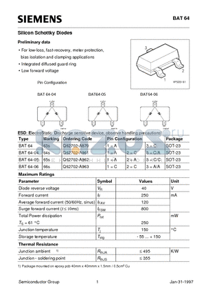 Q62702-A962 datasheet - Silicon Schottky Diodes (For low-loss, fast-recovery, meter protection, bias isolation and clamping applications Integrated diffused guard ring)