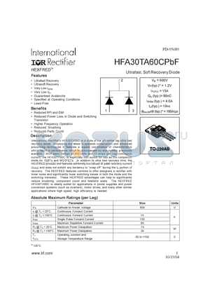 HFA30TA60CPBF datasheet - Ultrafast, Soft Recovery Diode