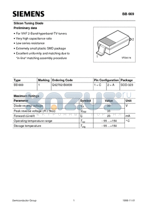 Q62702-B0839 datasheet - Silicon Tuning Diode (For VHF 2-Band-hyperband-TV-tuners Very high capacitance ratio Low series resistance)
