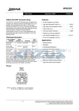 HFA3101 datasheet - Gilbert Cell UHF Transistor Array