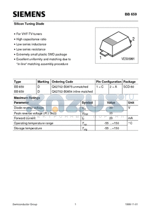 Q62702-B0854 datasheet - Silicon Tuning Diode (For VHF-TV-tuners High capacitance ratio Low series inductance Low series resistance)