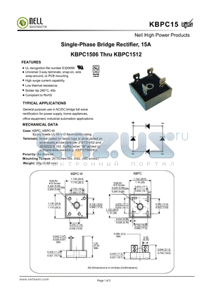 KBPC15 datasheet - Single-Phase Bridge Rectifier, 15A