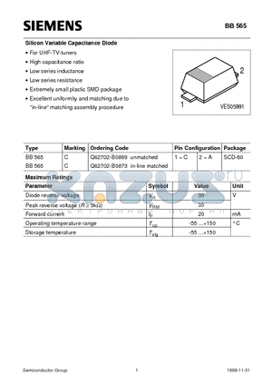 Q62702-B0869 datasheet - Silicon Variable Capacitance Diode (For UHF-TV-tuners High capacitance ratio Low series inductance Low series resistance)