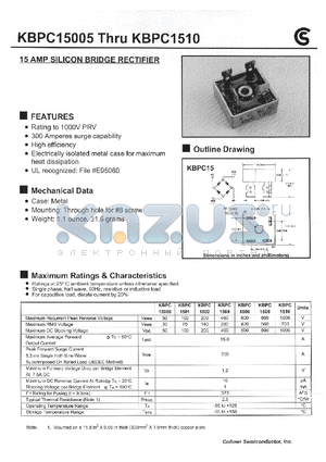 KBPC15005 datasheet - 15 AMP SILICON BRIDGE RECTIFIER