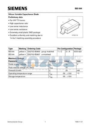 Q62702-B0905 datasheet - Silicon Variable Capacitance Diode (For VHF TV-tuners High capacitance ratio Low series inductance)