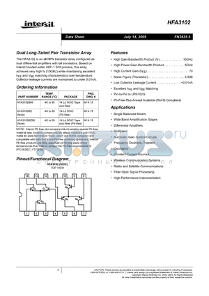 HFA3102B96 datasheet - Dual Long-Tailed Pair Transistor Array