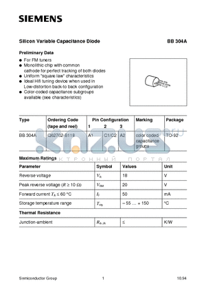 Q62702-B118 datasheet - Silicon Variable Capacitance Diode (For FM tuners Monolithic chip with common cathode for perfect tracking of both diodes)