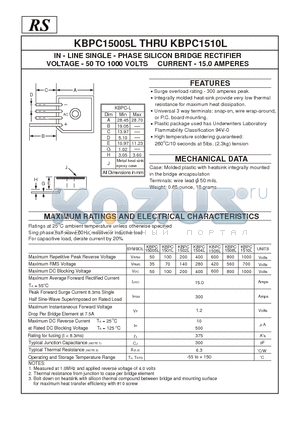 KBPC15005L datasheet - IN - LINE SINGLE - PHASE SILICON BRIDGE RECTIFIER VOLTAGE - 50 TO 1000 VOLTS CURRENT - 15.0 AMPERES