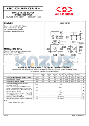 KBPC15005 datasheet - SINGLE PHASE SILICON BRIDGE RECTIFIER VOLTAGE: 50 TO 1000V CURRENT: 15.0A