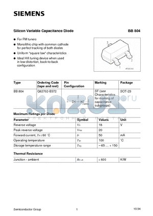 Q62702-B372 datasheet - Silicon Variable Capacitance Diode (For FM tuners Monolithic chip with common cathode for perfect tracking of both diodes)