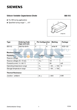 Q62702-B479 datasheet - Silicon Variable Capacitance Diode (For AM tuning applications Specified tuning range 1  8 V)