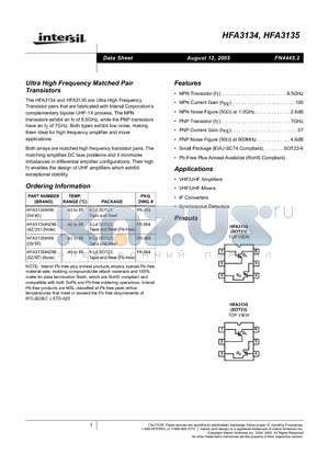 HFA3134 datasheet - Ultra High Frequency Matched Pair Transistors