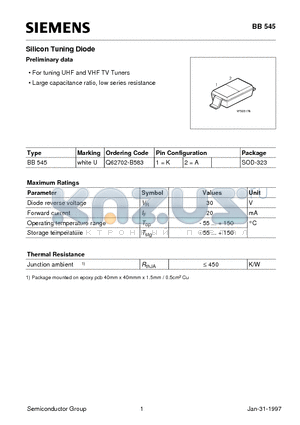 Q62702-B583 datasheet - Silicon Tuning Diode (For tuning UHF and VHF TV Tuners Large capacitance ratio, low series resistance)