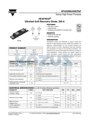 HFA320NJ40CPBF datasheet - HEXFRED^ Ultrafast Soft Recovery Diode, 320 A