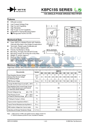 KBPC1500S datasheet - 15A SINGLE-PHASE BRIDGE RECTIFIER