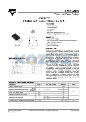 HFA32PA120C datasheet - Ultrafast Soft Recovery Diode, 2 x 16 A