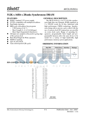 M12L16161A datasheet - 512K x 16Bit x 2Banks Synchronous DRAM