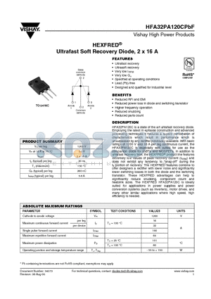 HFA32PA120C datasheet - Ultrafast Soft Recovery Diode, 2 x 16 A