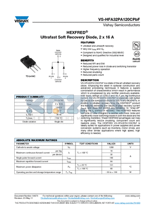 HFA32PA120CPBF datasheet - HEXFRED Ultrafast Soft Recovery Diode, 2 x 16 A