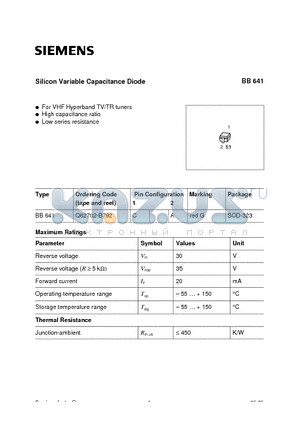Q62702-B792 datasheet - Silicon Variable Capacitance Diode (For VHF Hyperband TV/TR tuners High capacitance ratio Low series resistance)