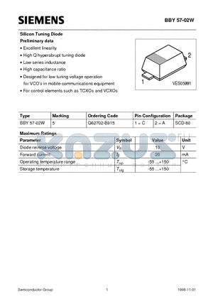 Q62702-B915 datasheet - Silicon Tuning Diode (Excellent linearity High Q hyperabrupt tuning diode Low series inductance High capacitance ratio)