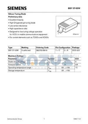 Q62702-B918 datasheet - Silicon Tuning Diode (Excellent linearity High Q hyperabrupt tuning diode Low series inductance)