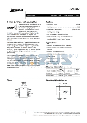 HFA3424IB datasheet - 2.4GHz - 2.5GHz Low Noise Amplifier