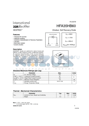 HFA35HB60 datasheet - Ultrafast, Soft Recovery Diode
