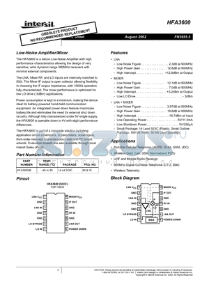 HFA3600 datasheet - Low-Noise Amplifier/Mixer